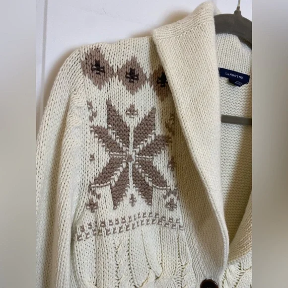 Lands' End shawl collar cable-knit cardigan sweater snowflake pattern Women’s L - Picture 2 of 10
